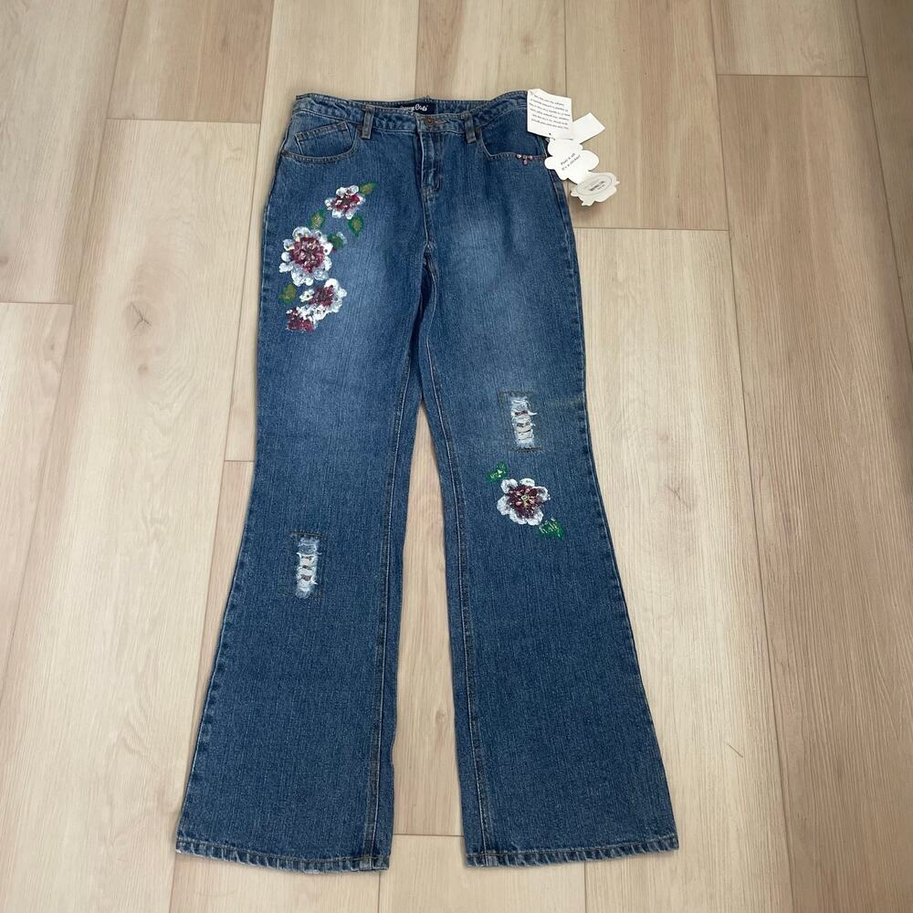 Y2K Squeeze Girls Floral Embellished Flare Jeans Size 16